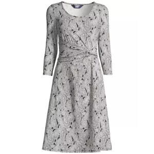 NEW LANDS' END Black/White Motif Paisley Twist Front Fit & Flare Jersey Dress S